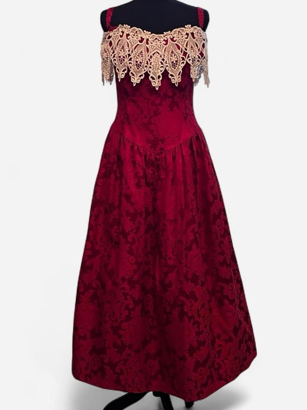 Scott McClintock Burgundy Evening Gown with Cream Lace Appliqué